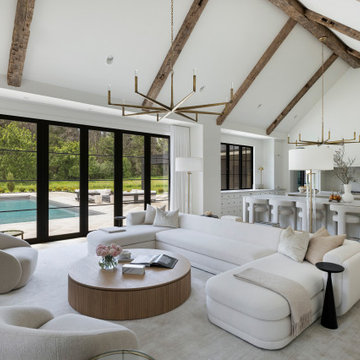 Hand Hewn Box Beams in Modern Minimalist Vaulted Living Room