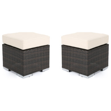 Santa Rosa Outdoor 16" Wicker Ottoman With Cushion, Multi-Brown/Beige, Set of 2