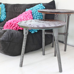 Jeremy Reclaimed Manhole Cover Side Table with 3 Splayed Dark Steel Legs - Living Room Furniture