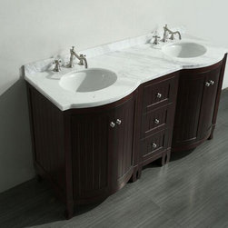 Dark Teak 60 inch Double Sink Bathroom Vanity White Carrera Marble Top - Bathroom Vanities And Sink Consoles
