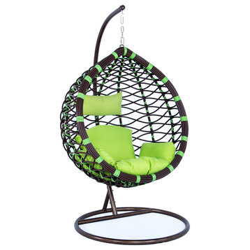 LeisureMod Outdoor Patio Hanging Hammock Wicker Egg Swing Lounge Chair, Green