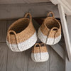 Seagrass Round Baskets With Handles, White and Natural, Set of 3
