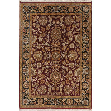 Nature/Floral Agra Hand-Knotted Oriental Indian Area Rug, Red, 6'0"x4'1"