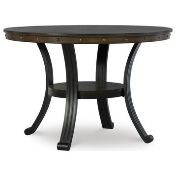 Rustic Dining Table, Metal Legs With Round Top & Lower Open Shelf, Rustic Umber