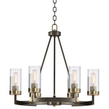6-Light Bronze and Antique Gold Round Chandelier With Ribbed Glass Shades