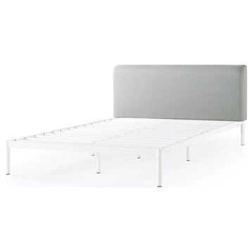 Modern Platform Bed, Metal Frame With Padded Headboard, Sky Gray, Queen
