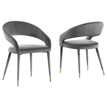 Joel Velvet Contemporary Dining Chair With Gold Accents, Set of 2, Grey