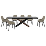 Armen Living - Milena Shilo 7 Piece Extendable Dining Set With Taupe Gray Faux Leather Chairs - Bring friends and family together in a stylish fashion with the Milena Shilo 7 Piece Extendable Dining Set with Faux Leather Chairs. This 5 piece dining set includes 1 extendable Milena dining table and 6 Shilo faux leather swivel dining chairs. The refined and shapely silhouette of the kitchen chair is updated with stunning details to amp up the style of your home. The back and arms showcase clean lines and sleek curves to attain a sophisticated appeal. A stunning channel stitch detail on the arms adds charm and character to our modern dining chair. It is perched upon slender black metallic legs to serve as a welcoming and chic addition. The dining table chair includes a high back that elegantly swoops down to hug the back. Finished off with a generously cushioned seat, the dining room chair offers exceptional comfort and support. It can bring style and comfort anywhere from your kitchen, lounge, dining area, or home office. The Shilo accent chair also includes a 180 - degree swivel function enabling you to enjoy your meals and conversations to the fullest. It is upholstered in UV and stain-resistant faux leather which does not crack or fade easily to provide easy care and maintenance. With clean lines and dramatic construction, our long dining table serves as a stunning focal point. Its linear, rectangular tabletop is crafted from sintered shadow stone for a versatile and sophisticated appeal. A durable yet elegant alternative to quartz, this tabletop is resistant to etching, scratches, burns, and stains. It is perched upon a cross-shaped base to capture the eye. The chunky wooden leg is covered in walnut veneer, creating a visual contrast with the airy black wooden frame. Our chic and stylish dining table can easily extend to comfortably seat up to six to eight individuals. Available in 5 or 7 piece set configurations, this beautiful 7 piece extendable dining set features a shadow stone, walnut and black wood veneer table and your choice of taupe gray or champagne faux leather chairs.