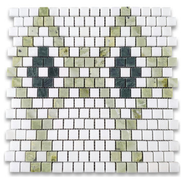 Thassos White Marble Square Diamond Mosaic Tile w/ Green Marble Honed, 1 sheet