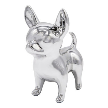 Standing Chihuahua Ceramic Statue, Metallic Silver