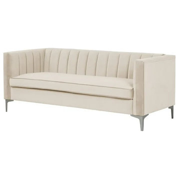 Contemporary Sofa, Soft Velvet Fabric Seat With Channel Tufted Backrest, Beige
