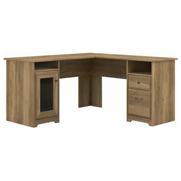 Corner Desk, 2 Drawers & Storage Cabinet With Fluted Glass Door, Reclaimed Pine
