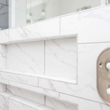 Shower Niche Detail in Large-Format Marble-Look Tile