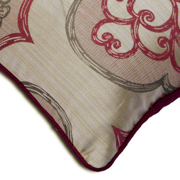 Designer 16"x16" Burgundy Jacquard Silk Pillow Covers, Berry Damask Galore