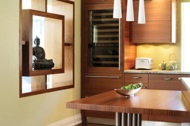 Inspiration for a large contemporary l-shaped ceramic tile open concept kitchen remodel in New York with an undermount sink, flat-panel cabinets, gray cabinets, concrete countertops, gray backsplash, cement tile backsplash, stainless steel appliances and an island