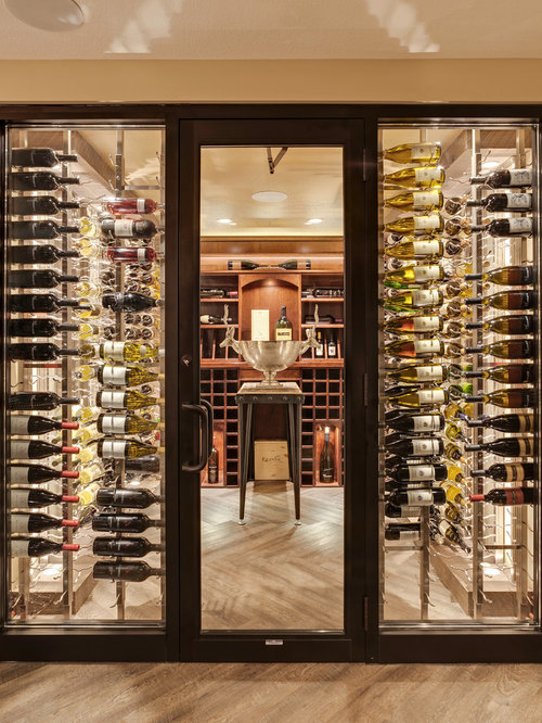 Wine Cellar Floor Vinyl Mid-sized elegant wine cellar photo in Minneapolis with storage racks and vinyl floors