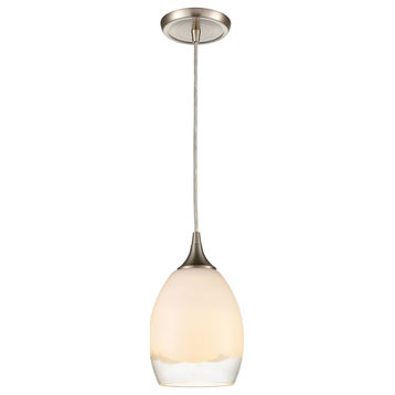 Cirrus 1-Light Mini Pendant, Satin Nickel With Opal White and Clear Glass