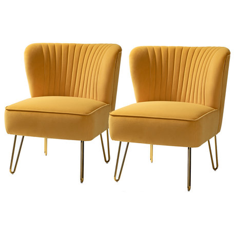 Upholstered Accent Side Chair With Tufted Back Set of 2, Mustard