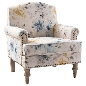 Lamber Wooden Upholstered Armchair With Camelback, Floral