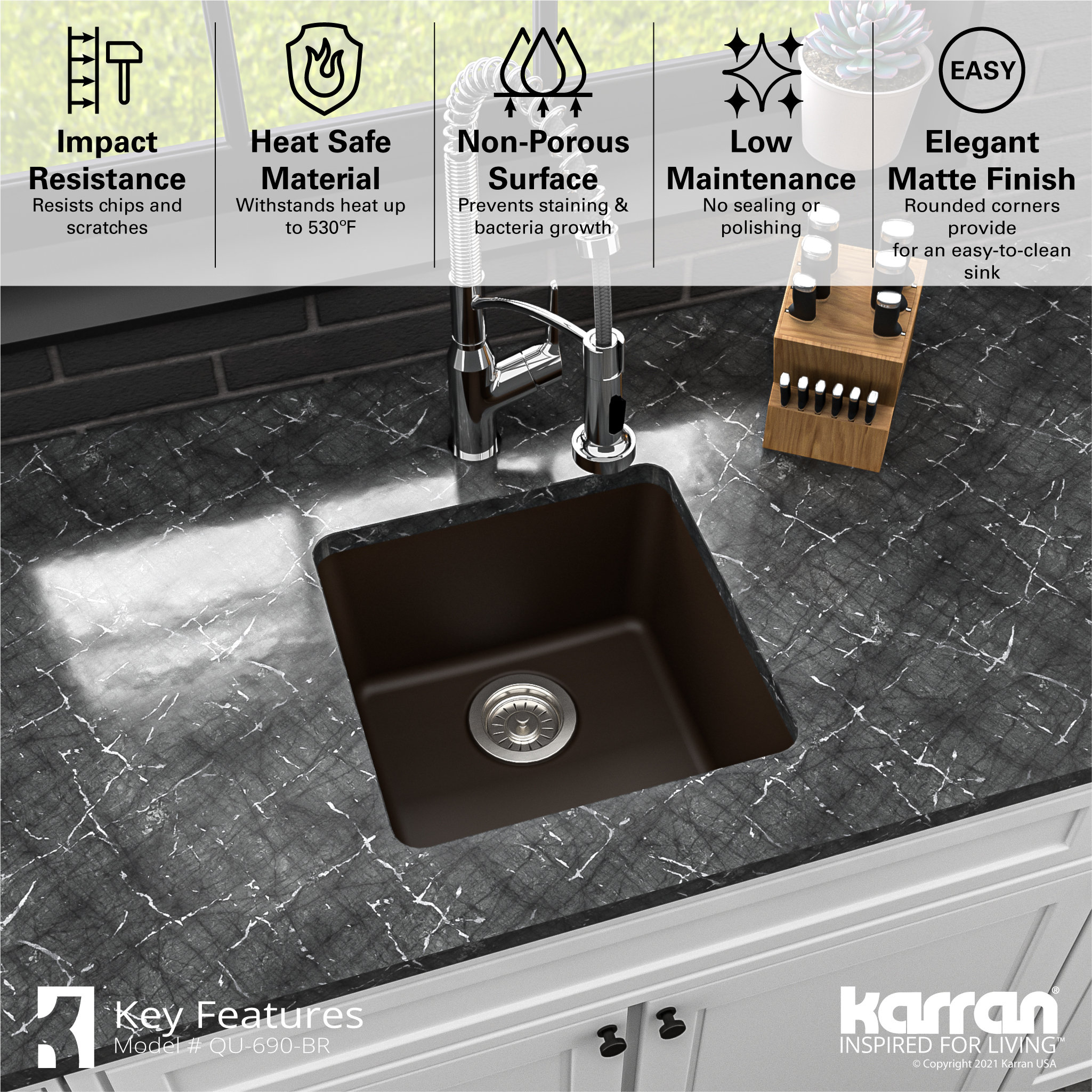Karran Undermount Quartz Composite 17" Bar Single Bowl Sink, Brown