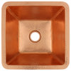 15" Square Hammered Copper Bar/Prep Sink, 2" Drain Opening, Polished Copper