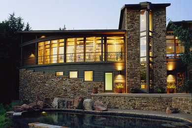 Trendy backyard stone and custom-shaped pool photo in St Louis