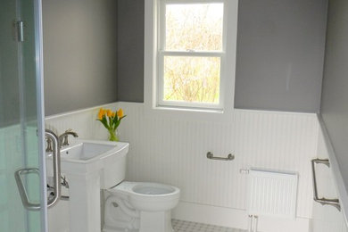 Inspiration for a mid-sized coastal 3/4 white tile and ceramic tile ceramic tile corner shower remodel in Portland Maine with a pedestal sink, a two-piece toilet and gray walls