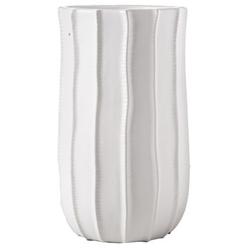 12" Ceramic Vase with Embossed Line Column Pattern Matte White Finish, Large