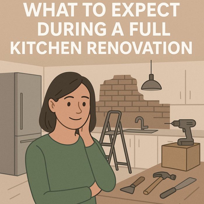 Illustration of a woman planning a full kitchen renovation with tools, ladder, and exposed brick wall in the background