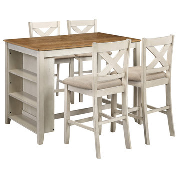 Century Dining Set With Table and 4 Stool, Antique White Finish