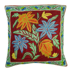 Mogul Interior - Indian Cushion Covers Handmade Woolen Suzani Embroidered Indian Pillow Case - Pillowcases and Shams
