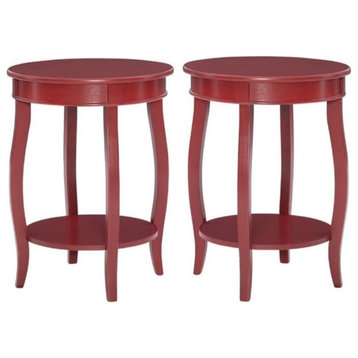 Home Square Round Wood End Table with Shelf in Red - Set of 2