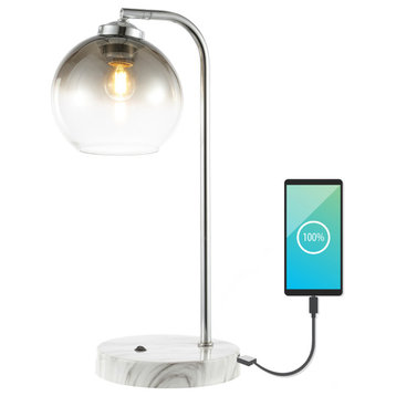Ada 20" Iron/Glass LED Task Lamp With USB Charging Port, Chrome/Smoke Gray