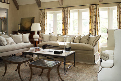 Living room - large coastal open concept dark wood floor and brown floor living room idea in Chicago with beige walls, a standard fireplace and a concrete fireplace