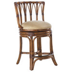 Tommy Bahama Home - South Beach Swivel Counter Stool - Features bent rattan with leather bindings, swivel seat and kick plate. Standard upholstery fabric is Macadamia, a basket weave pattern in a golden sand coloration.