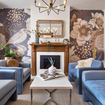 blue chair, bird wallpaper, living room