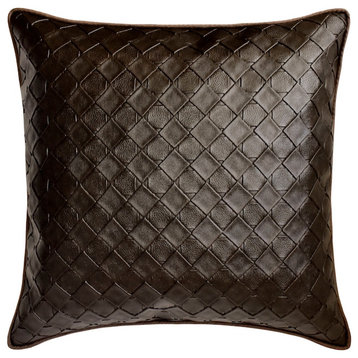 Brown Faux Leather Textured Weave Solid 20"x20" Pillow Cover-Brown Leather Weave