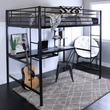 Full Size Metal Loft Bed With Desk, Black