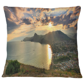 Seashore from Top of the Hill Modern Seascape Throw Pillow, 18"x18"