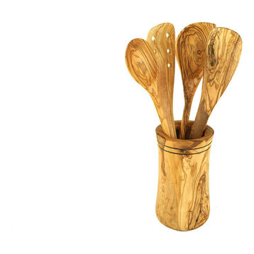 Olive Wood Kitchen Utensil Holder With Utensils, 5-Piece Set