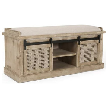 Storage Bench, Sliding Doors With Metal Accents & Open Compartments, Beige