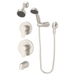 Symmons Industries - Identity 2-Handle Tub/Shower Faucet Trim With Hand Shower, 1.5 gpm, Satin Nickel - Part of the Symmons Identity Collection, this tub, shower, hand shower, and diverter trim kit includes a tub spout, shower arm, showerhead, hand shower with 60 inch flexible hose, a wall mount and wall elbow for the hand shower, escutcheons, and two lever handles. The single mode showerhead is WaterSense certified and has a low flow rate of 1.5 GPM, conserving water and saving you money on your water bill without affecting the shower's performance. Like all Symmons products, this Identity trim kit is backed by a limited lifetime consumer warranty and 10 year commercial warranty.