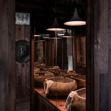 Antique Elm Paneling in Modern Lakehouse Bathroom