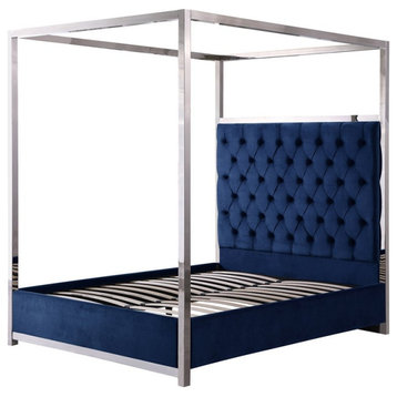 Best Master Lianson Velvet Blue Queen Canopy Bed