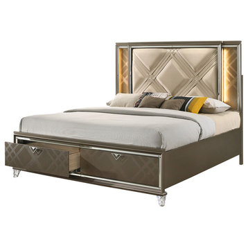 ACM-25335F, ACME Skylar Full Bed With Storage, LED, PU & Dark Champagne