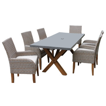 7-Piece Teak And Ash Gray Wicker Dining Set With Composite Top And Trestle Base