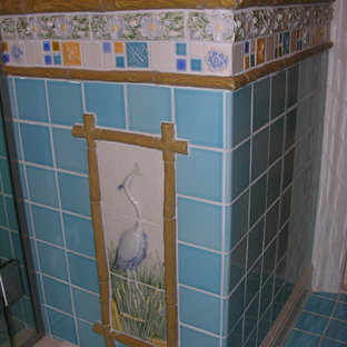 Photo of a traditional basement in New York with turquoise floors.