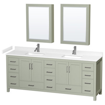 Sheffield 84" Light Green DBL Vanity, White Cult. Marble Top, Sq Sinks, Med Cabs