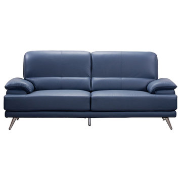 Contemporary Leather Sofa With Pillowtop Arms And Metal Legs, Navy Blue