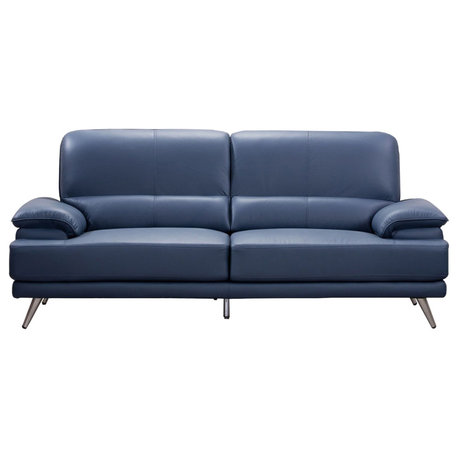 Contemporary Leather Sofa With Pillowtop Arms And Metal Legs, Navy Blue